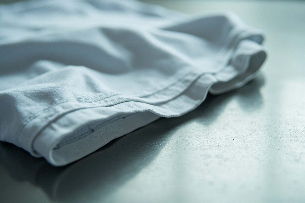 Close view of the hem and turned seam of a plain white athletic shirt resting on a flat surface.