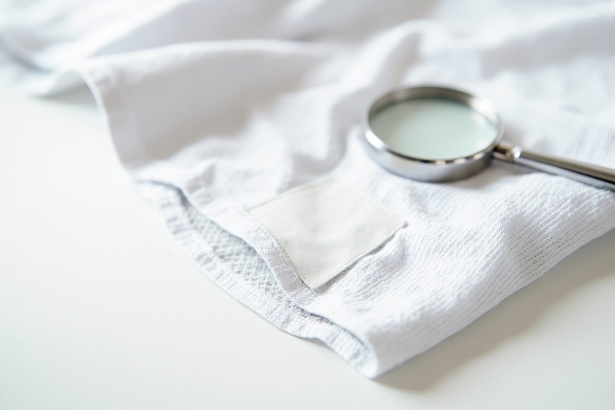 A magnifying loupe resting beside a blank woven patch stitched into the hem of a plain white athletic shirt.