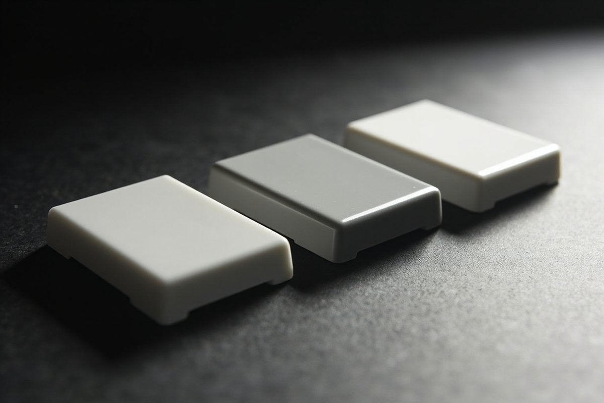 Three blank plastic tiles in different finishes, glossy, satin and matte, arranged in a row.