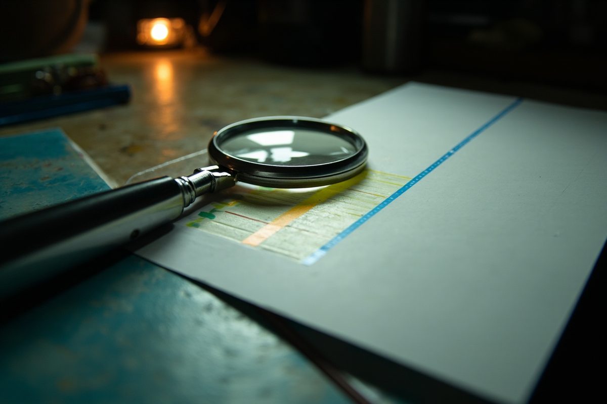 A magnifier resting on a white card printed with fine bands of colour, on a workbench under a low lamp.