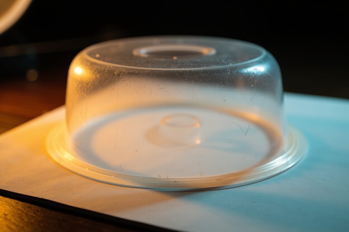 A shallow empty clear plastic blister dome sealed to blank white card, low raking light picking out fine scuffs and marks across the plastic.