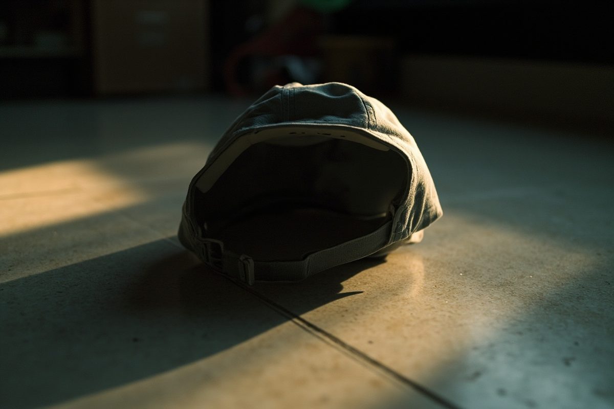A plain baseball cap resting on a floor, seen from behind so its interior and adjustable back strap are visible.