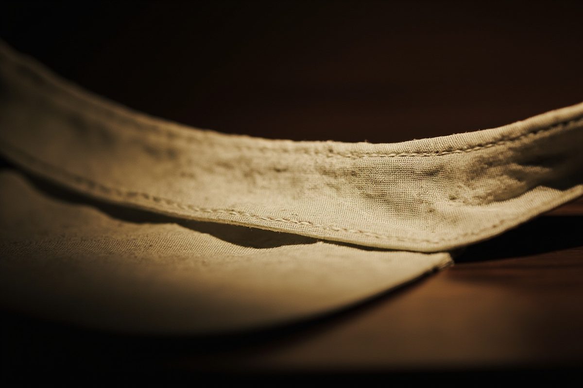 Close-up inside a plain cap sweatband showing discolouration and a faint dried tide line.