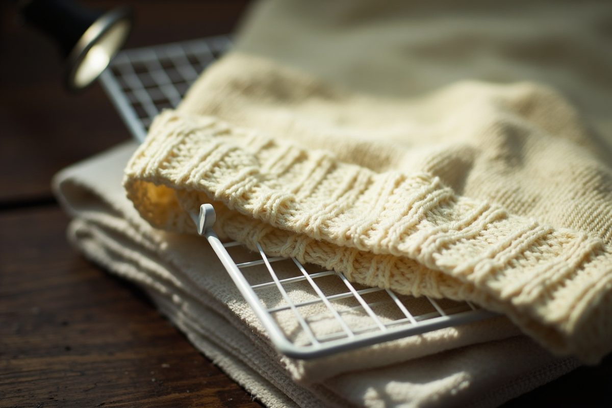 Close-up of plain cream knitted wool resting flat on a white wire mesh drying rack over a folded towel.