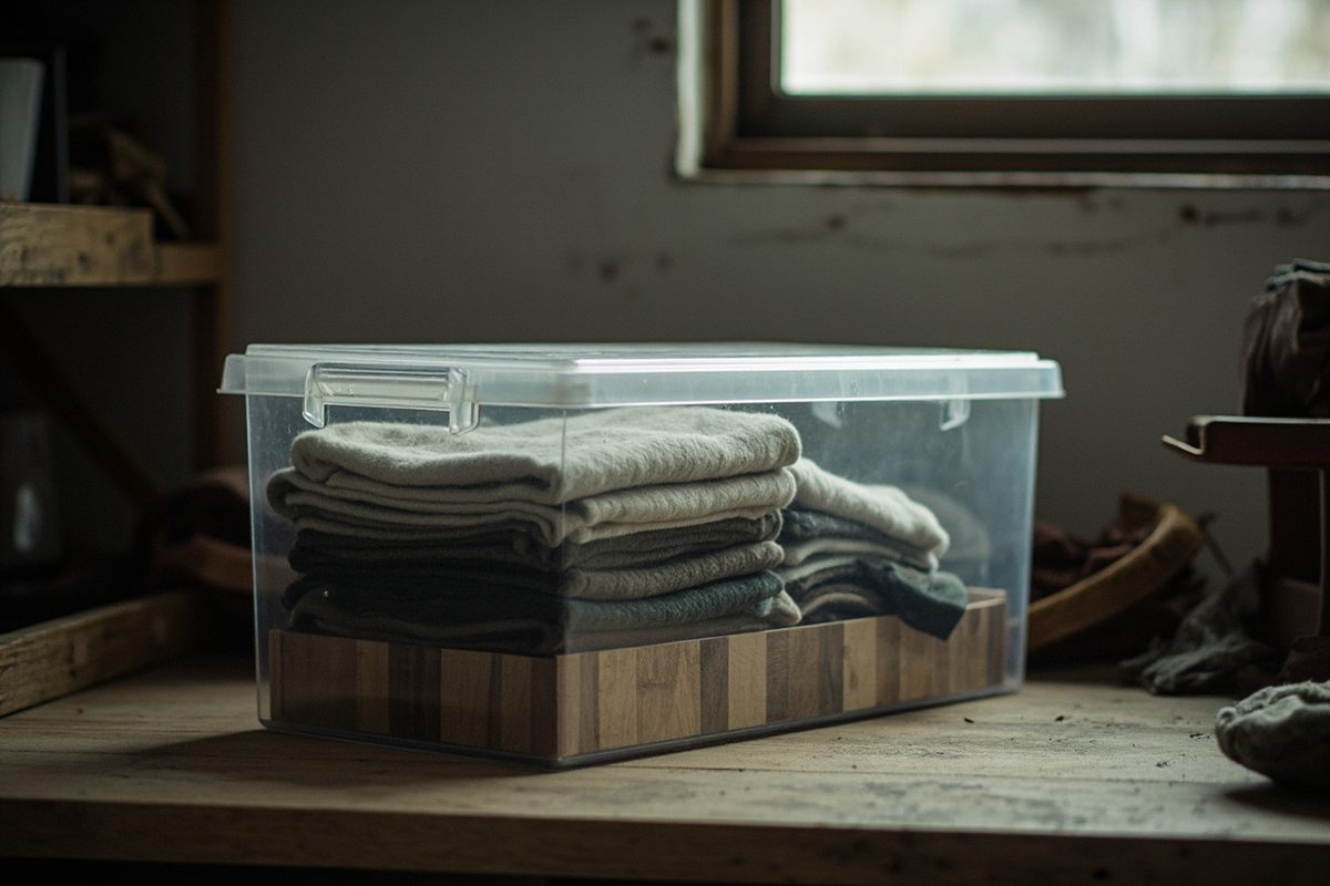 Plain folded woollens stacked inside a clear lidded storage box on a wooden base in a cool dim room.