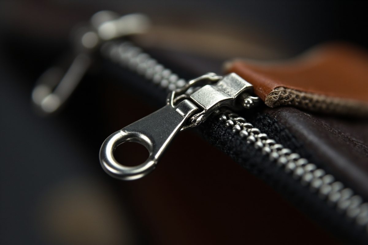 Close-up of a plain metal zip pull and D-ring with plating worn through to base metal at contact points.
