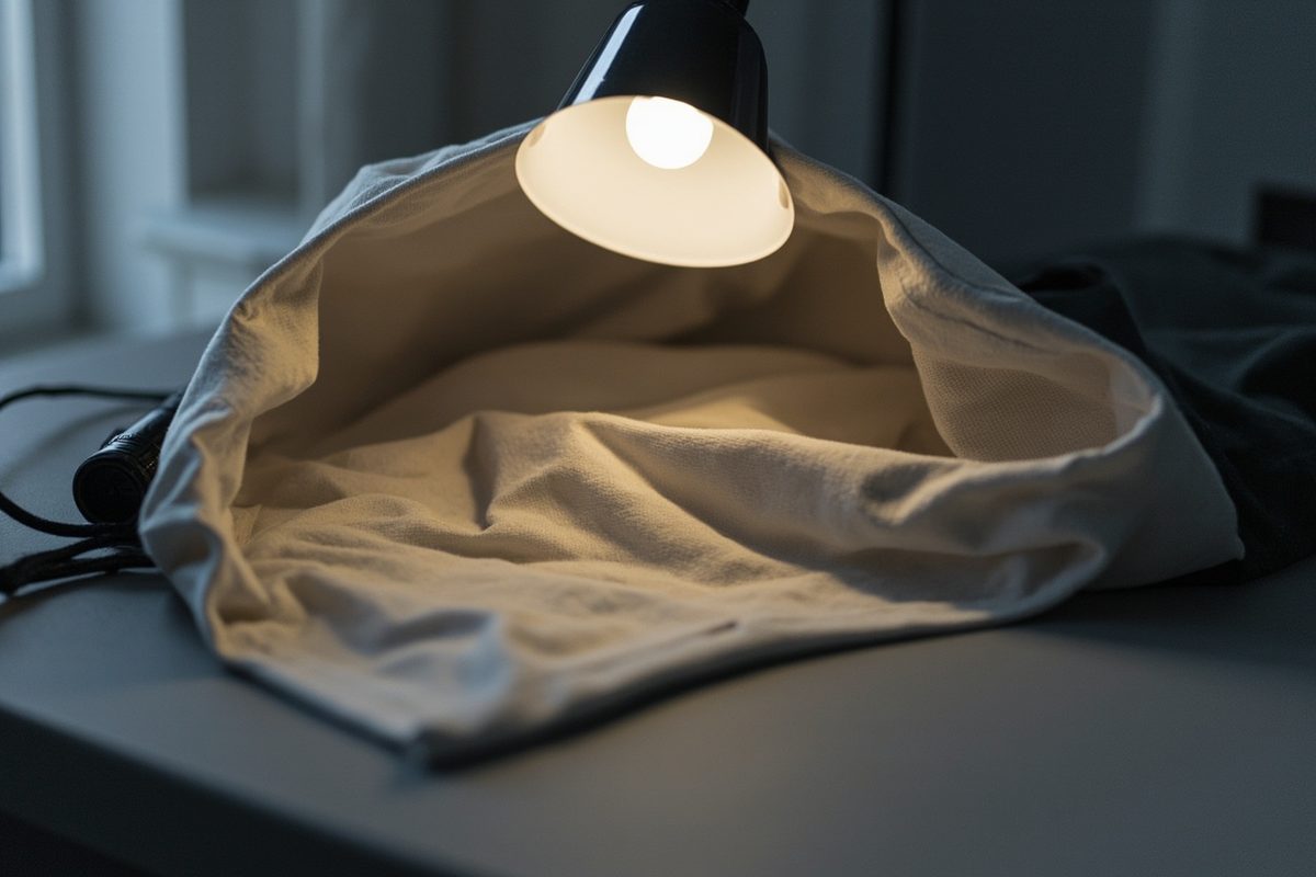 A plain bag lining turned inside out and spread open under a lamp, with a small torch beside it.