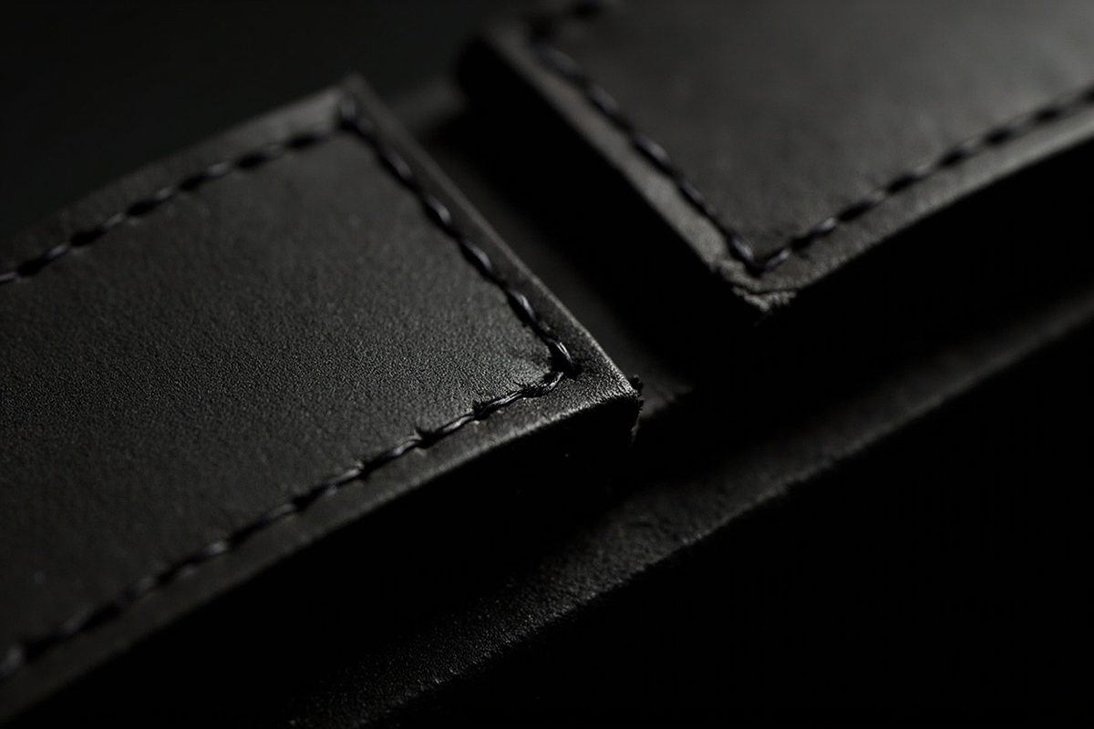 Extreme close-up of stitching at a strap join, with the thread pulled tight and one stitch loosened.