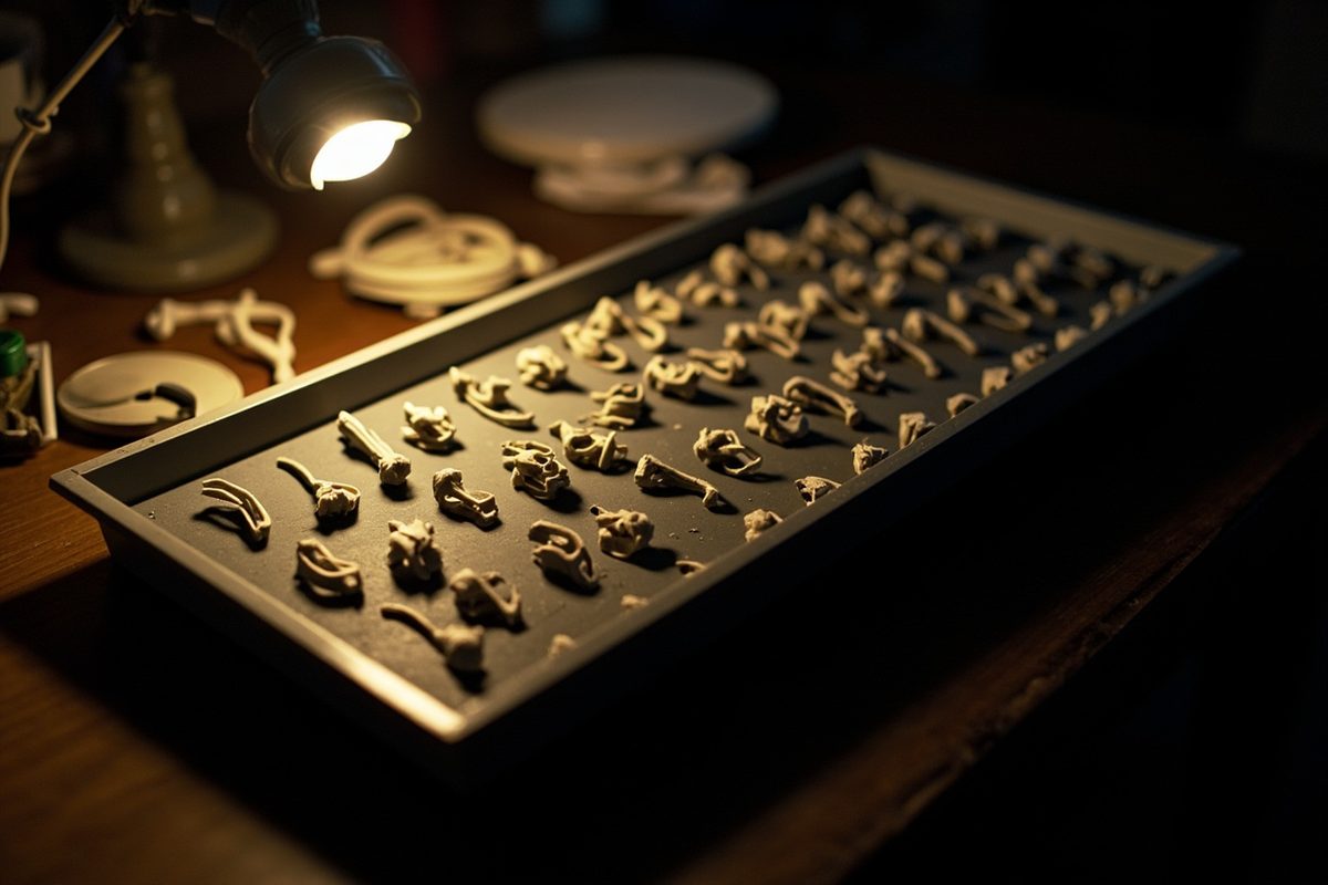 A tray of small unpainted plastic accessory parts sorted into rows on a workbench.