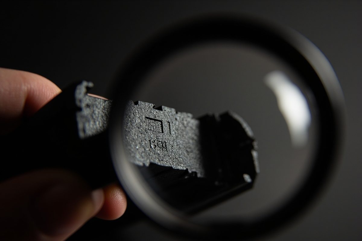 A magnifier held over the back of a dark moulded plastic part, enlarging the faint recessed stamp area cast into the surface.