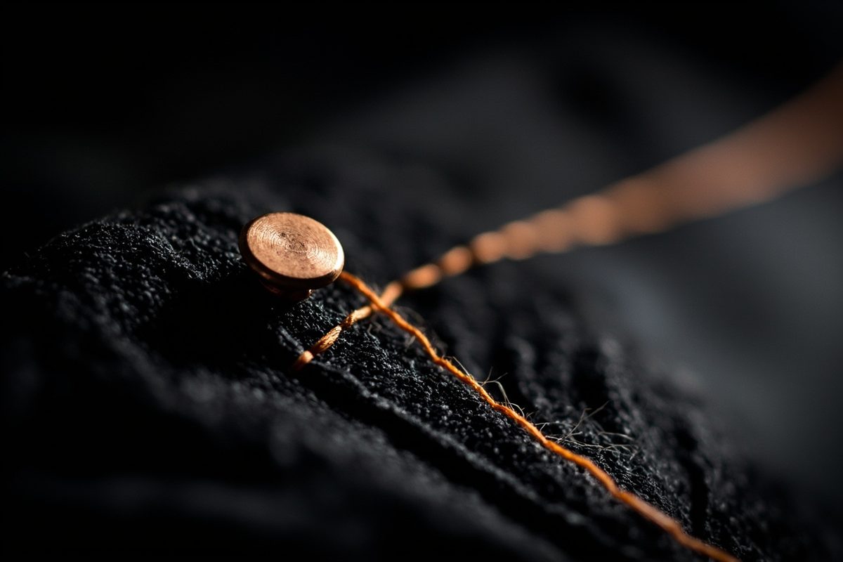 Close-up of a plain copper rivet set into dark denim beside a line of orange stitching and a small reinforcing stitch cluster.