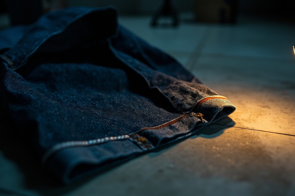 A denim leg turned up at the cuff, revealing a clean self-finished seam edge with a pale coloured line running along it.