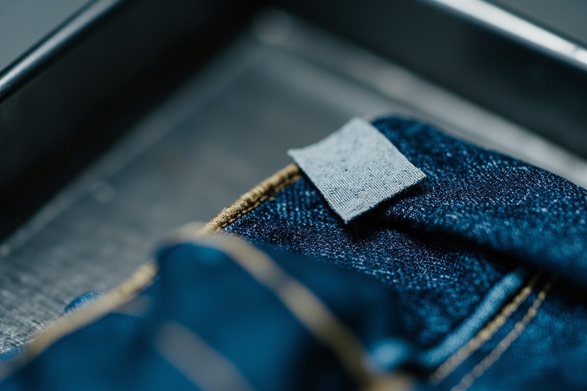 Extreme close-up of a small blank folded fabric tab stitched into a denim outseam.