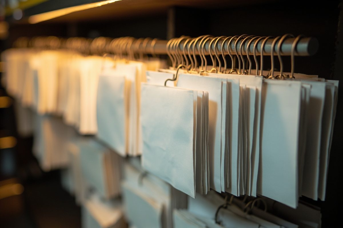 A retail peg rail hung with rows of blank white header cards under warm store lighting.
