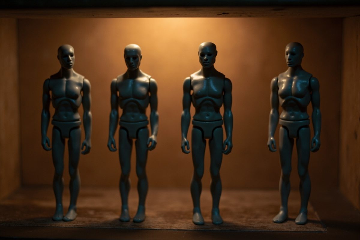 Four plain unpainted grey figure blanks standing in a row on a shelf, lit from behind.