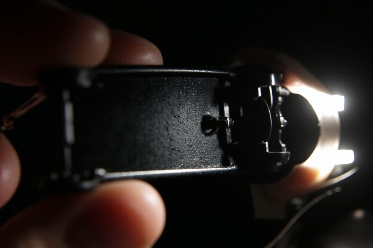 The underside of a small diecast car chassis held in the fingers against a bright light, showing casting texture and a screw post.