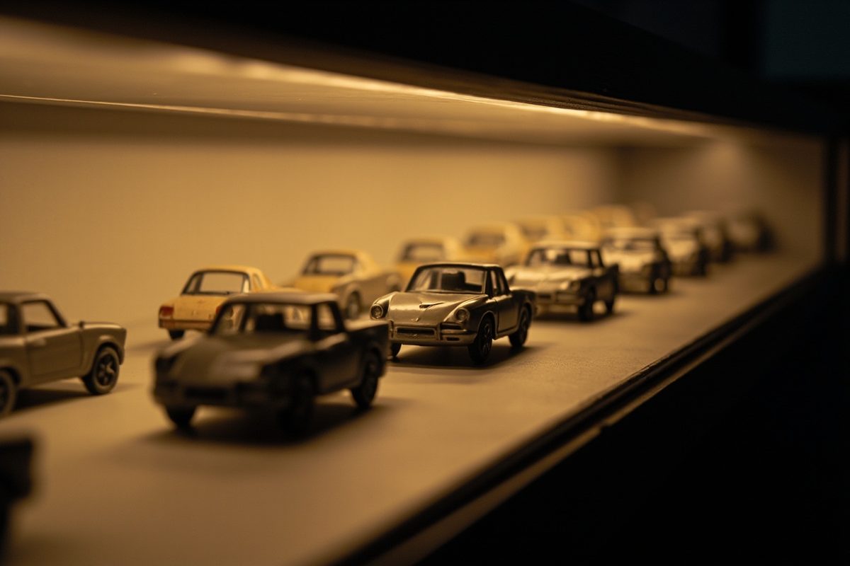 A long lit display shelf holding rows of small model cars arranged in even rows behind glass.