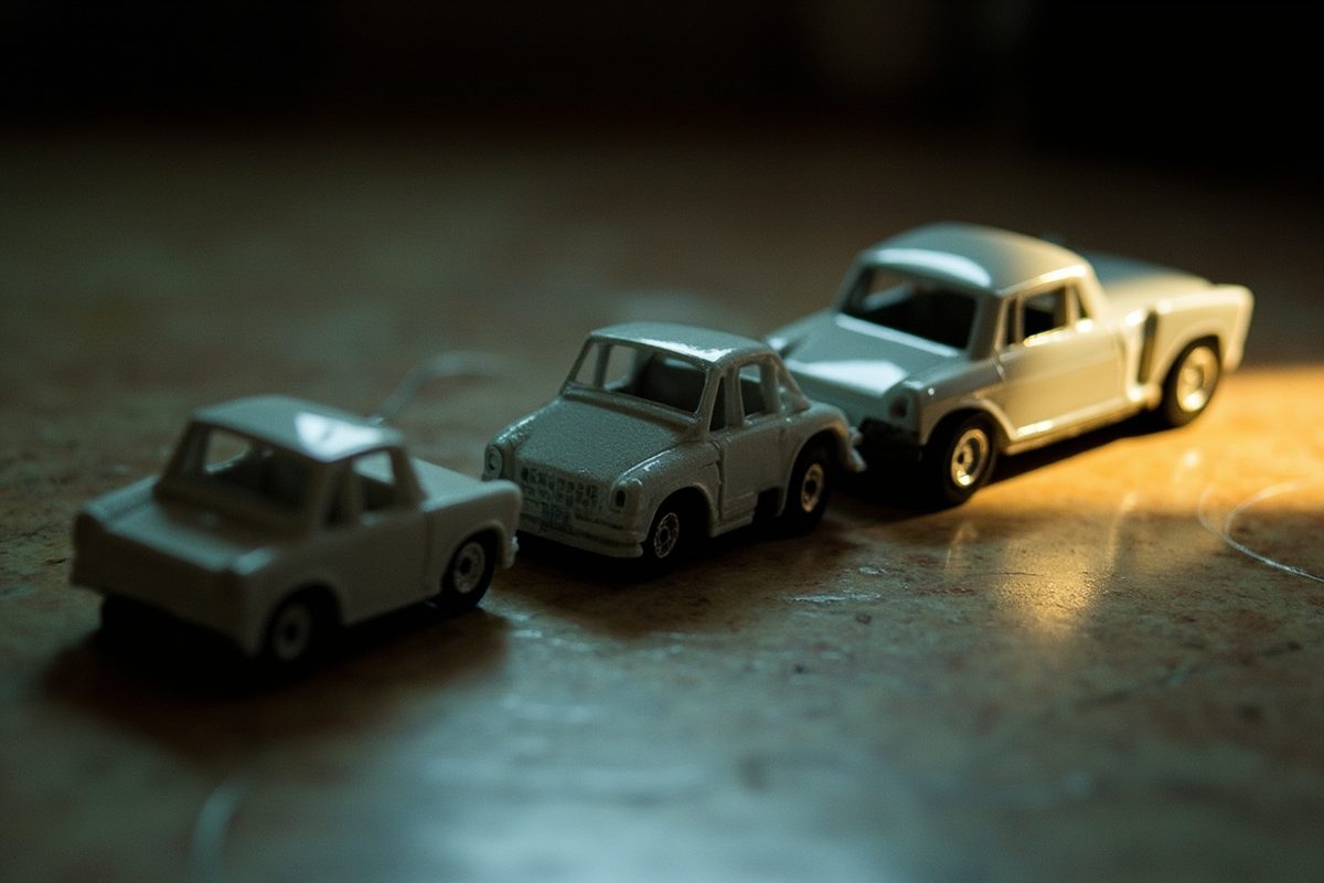 Three small diecast car bodies of similar size lined up, showing increasing levels of moulded detail from left to right.