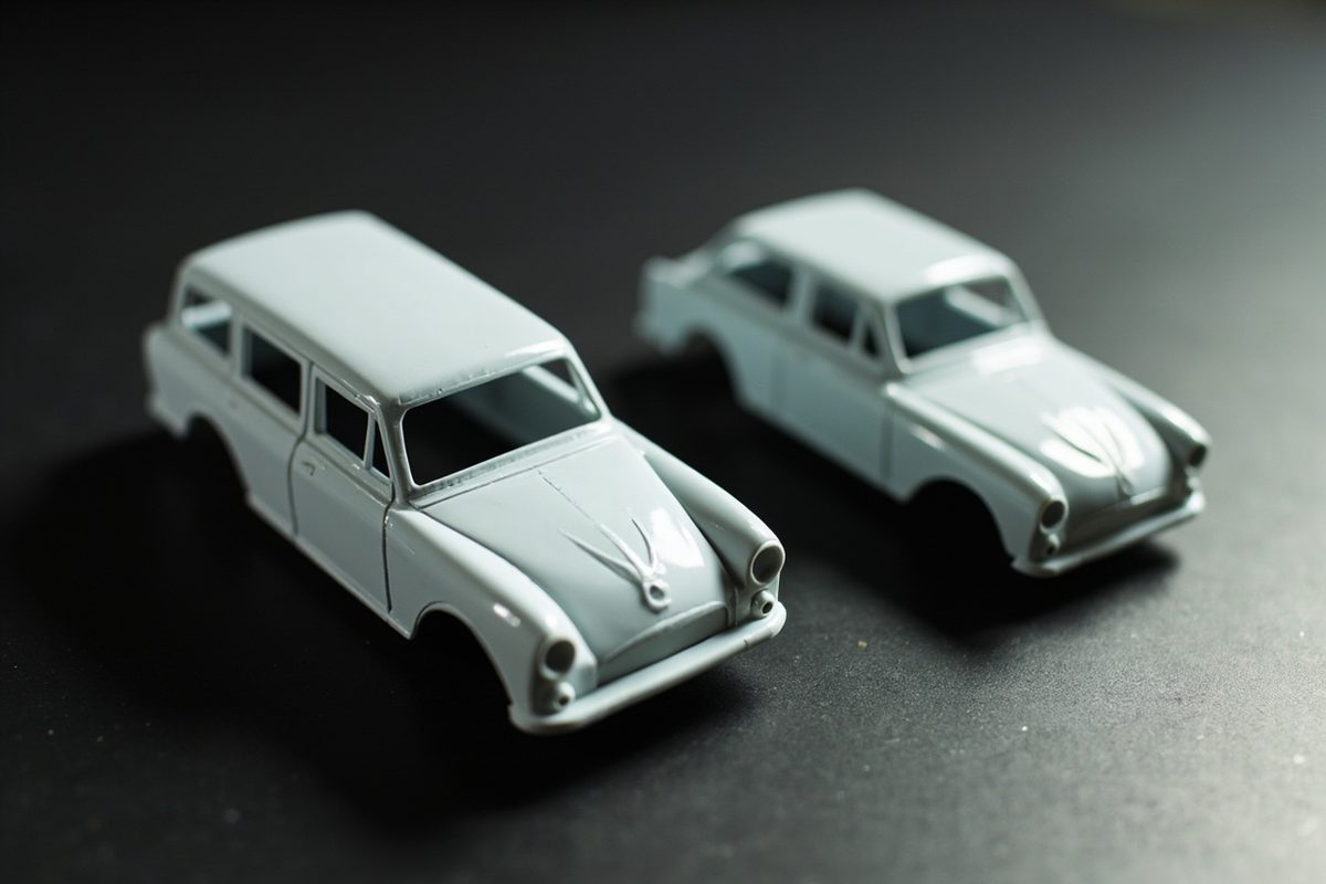 Two blank unpainted model cars side by side, one a long estate car and one a short compact, both the same height.