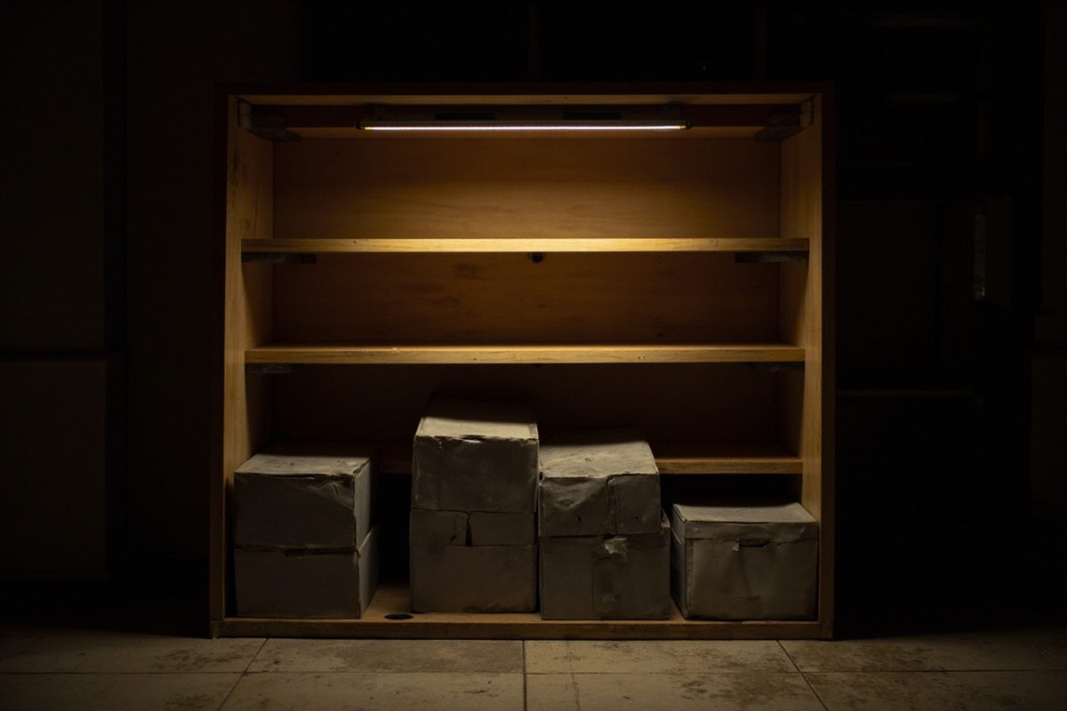 A wooden display shelf unit lit by a strip light, with plain unmarked boxes of different sizes stacked on the lower shelf.