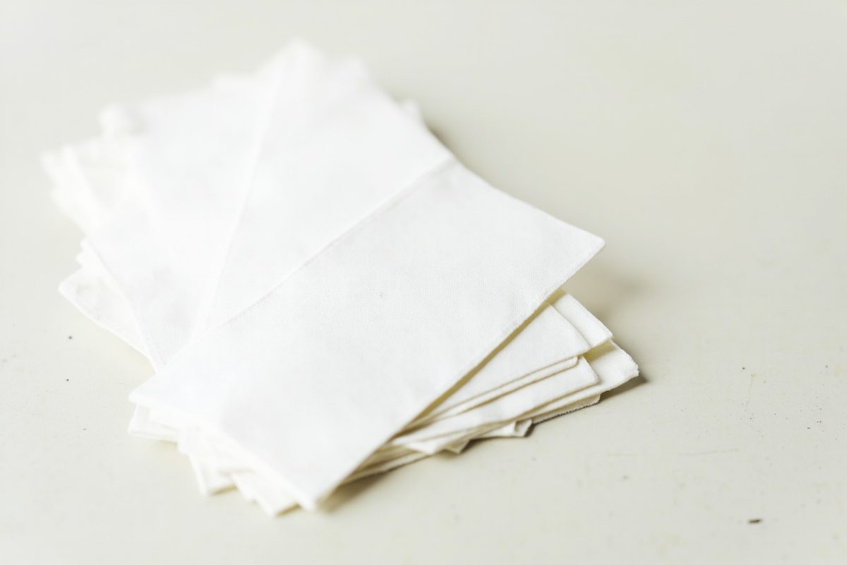 A stack of plain blank garment neck labels and hang tags fanned out on a pale surface.