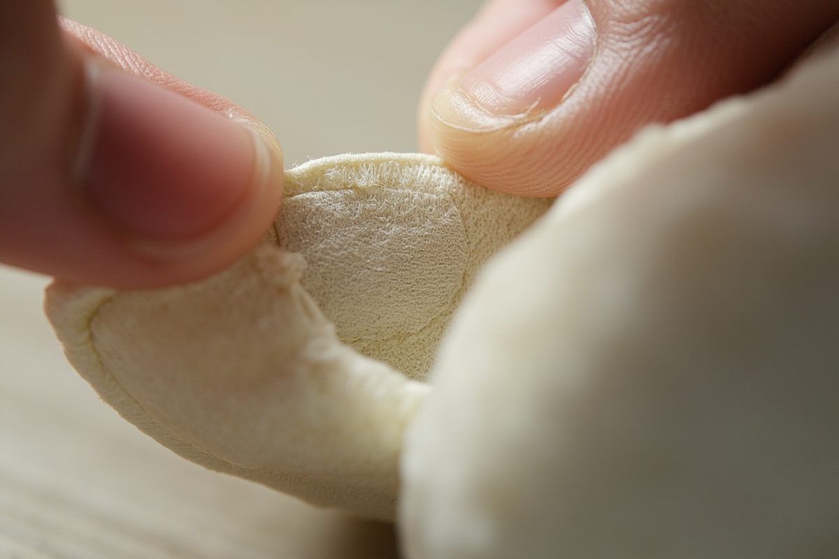 Fingers holding open the seam of a plain cream plush toy to check for a sewn-in fabric tag.