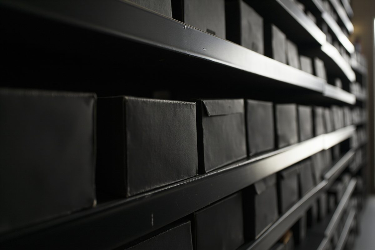 A long retail shelf densely packed with identical plain unprinted window boxes receding into the distance.