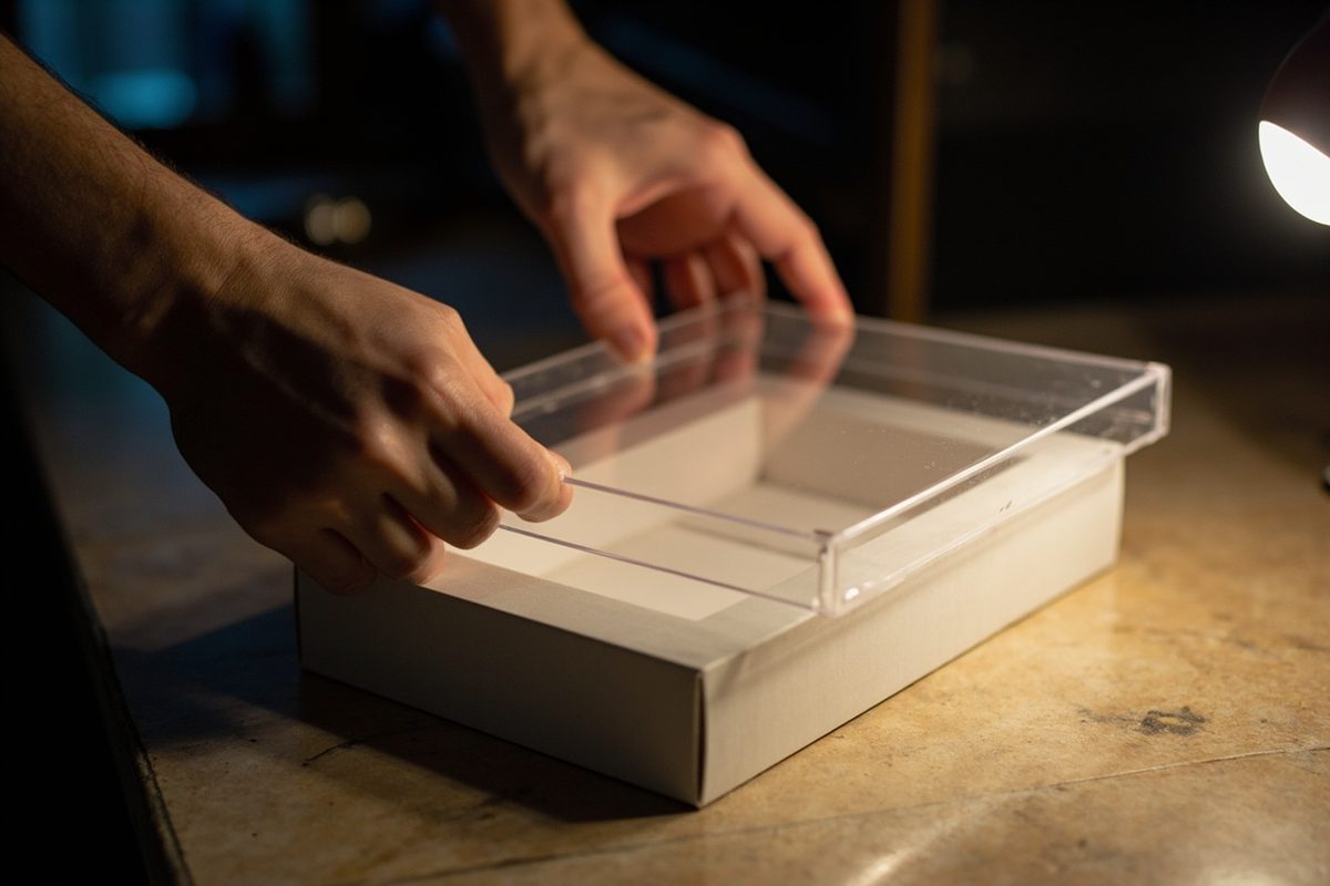A rigid clear plastic protector case sliding over a plain unprinted window box on a desk.