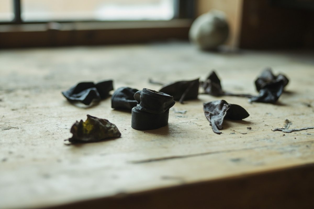 Dark perished rubber offcuts scattered on a workbench, several shrivelled and hardened, one still supple.