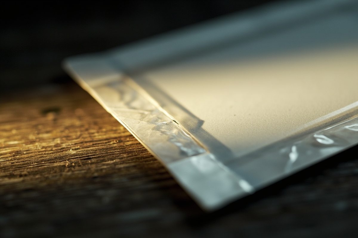 Extreme close-up of the sealed edge where clear plastic packaging film meets plain unprinted backing card.