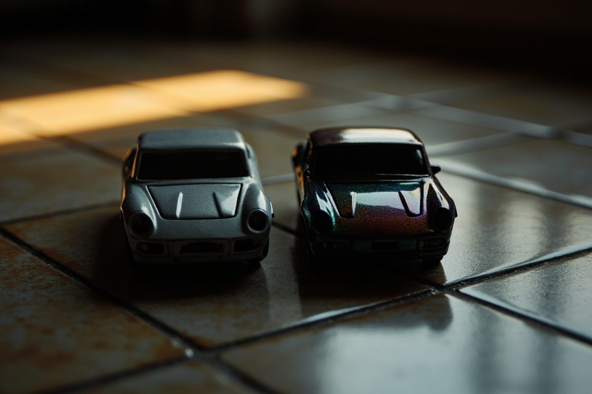 Two blank diecast car bodies side by side, one with a flat finish and one with a deep metallic sheen.