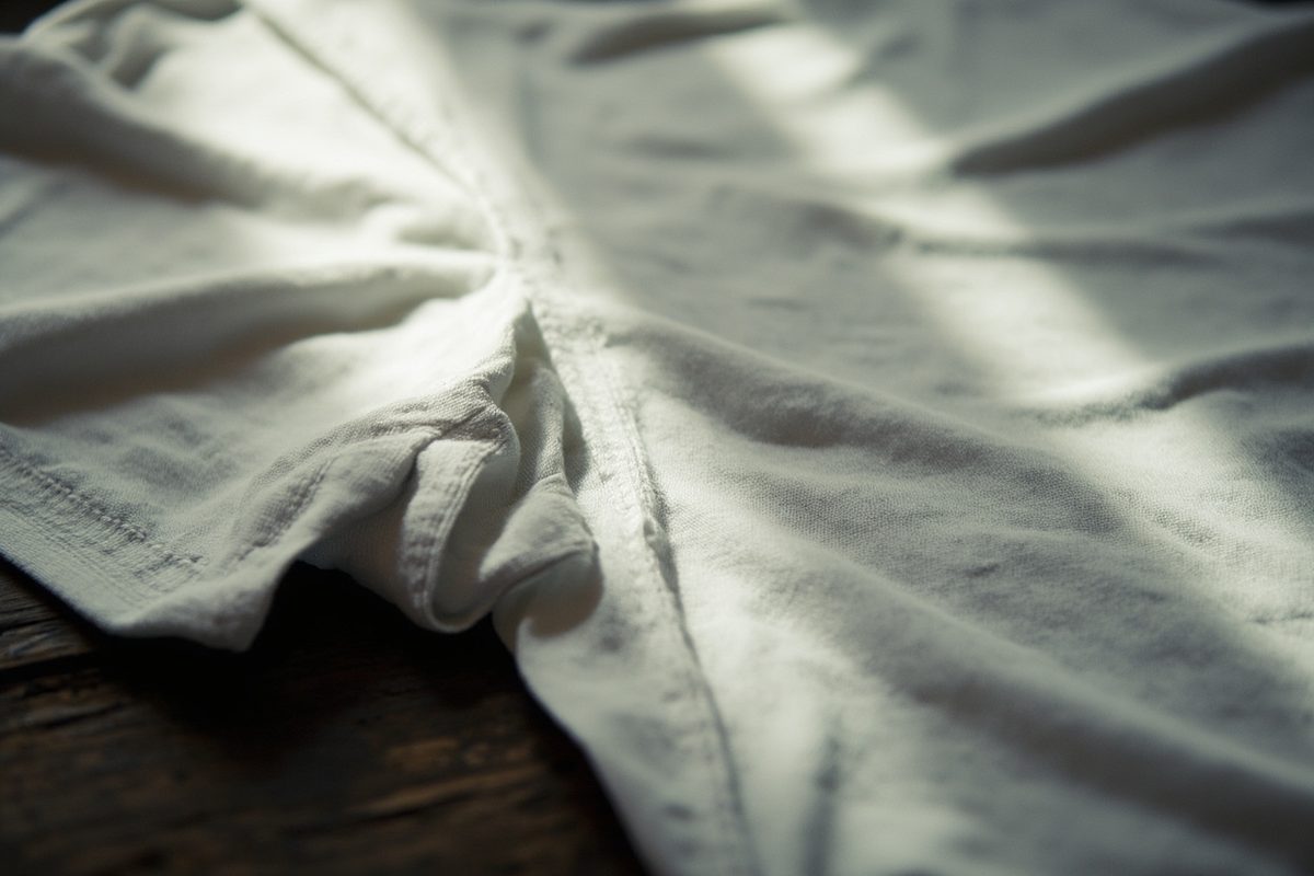 Extreme close-up of the stitched junction where the sleeve seam meets the side seam on a plain white t-shirt laid flat.