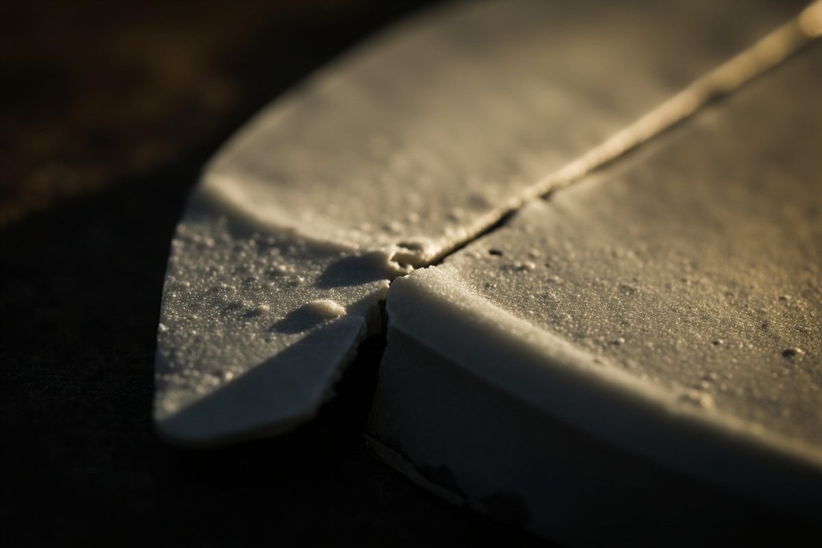 Extreme close-up of the broken edge of a pale cast piece, its surface pitted with tiny voids.