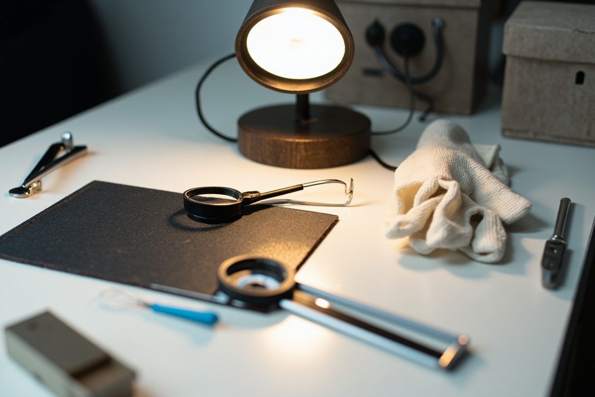 A workbench under an angled lamp laid out with a magnifier, a loupe, a soft cloth and small hand tools.