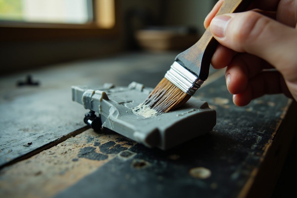 A small brush laying fresh paint onto a worn grey plastic part on a workbench.