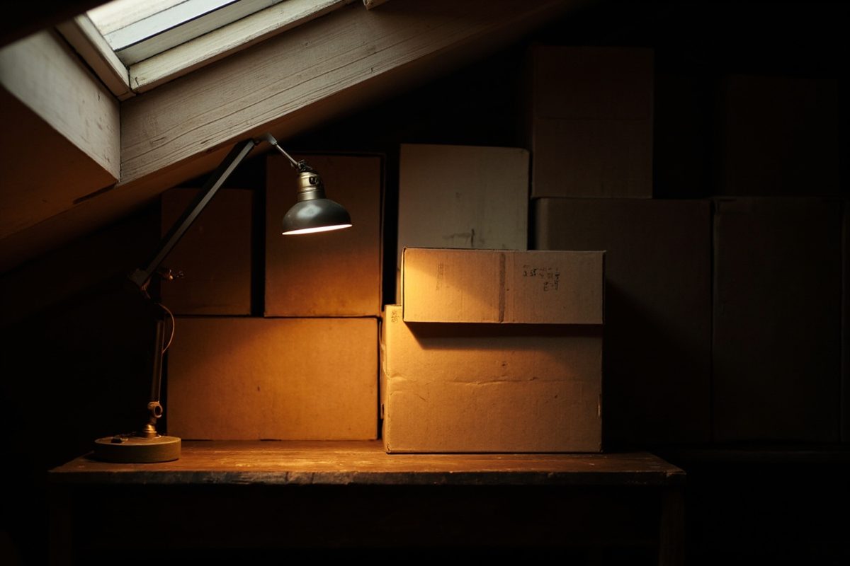 Plain cardboard boxes stacked under a sloping roof in a dim, dusty loft space.