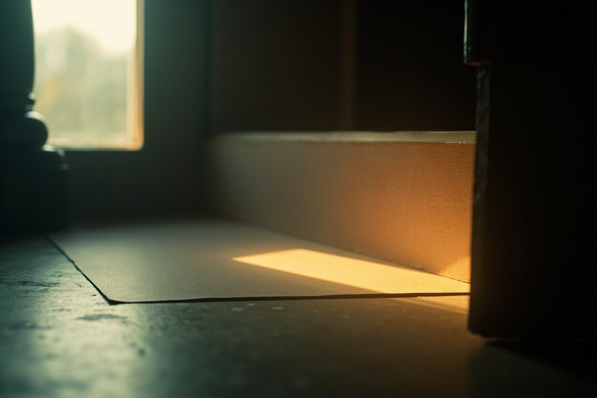 A hard shaft of low sunlight falling across a shelf and floor in an otherwise dim room.