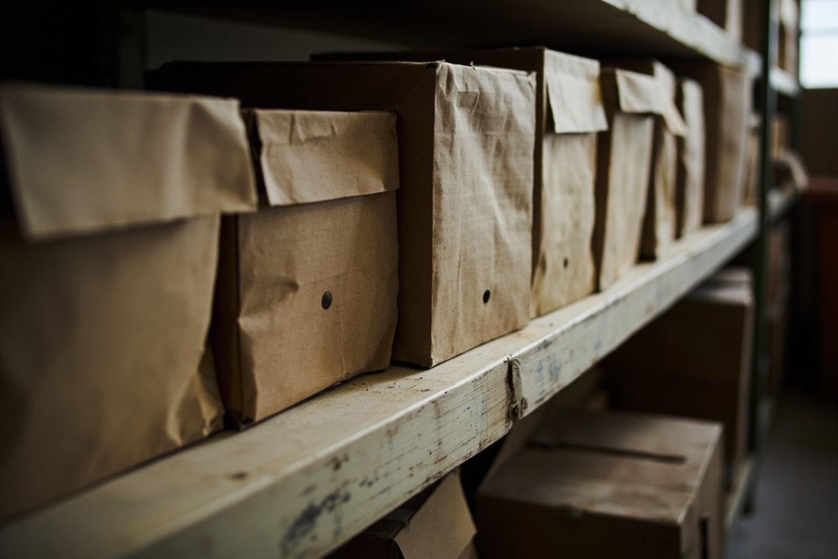 Plain unlabelled cardboard storage boxes standing upright in a row on a dry interior shelf.
