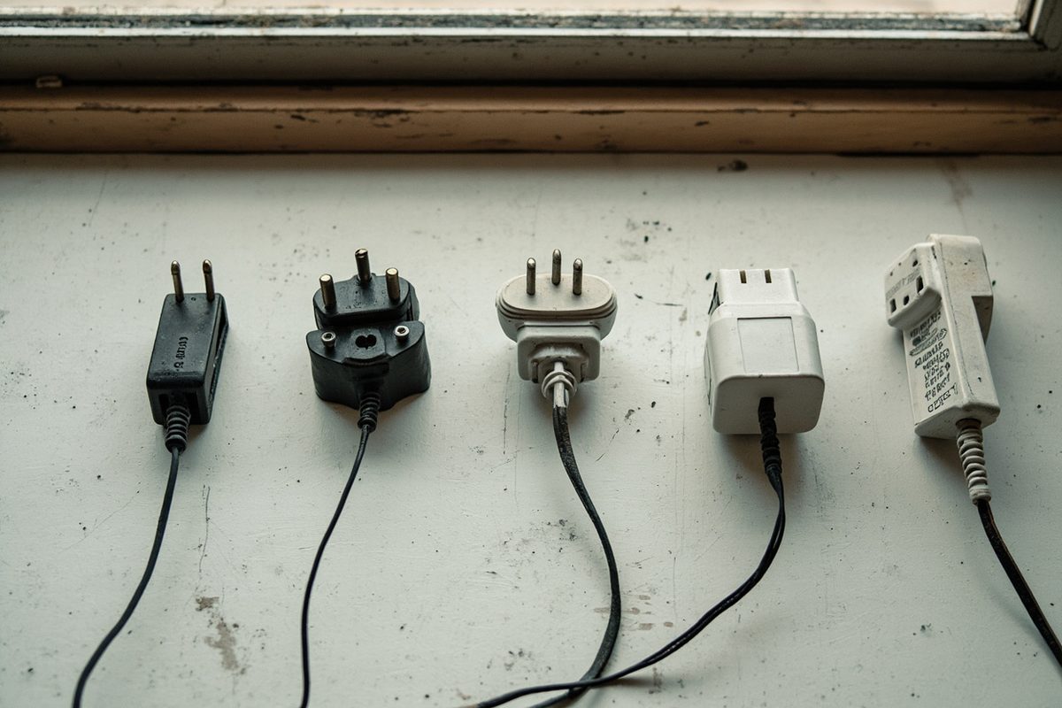 Five unbranded mains plug types and adapters laid out in a row on a painted windowsill.