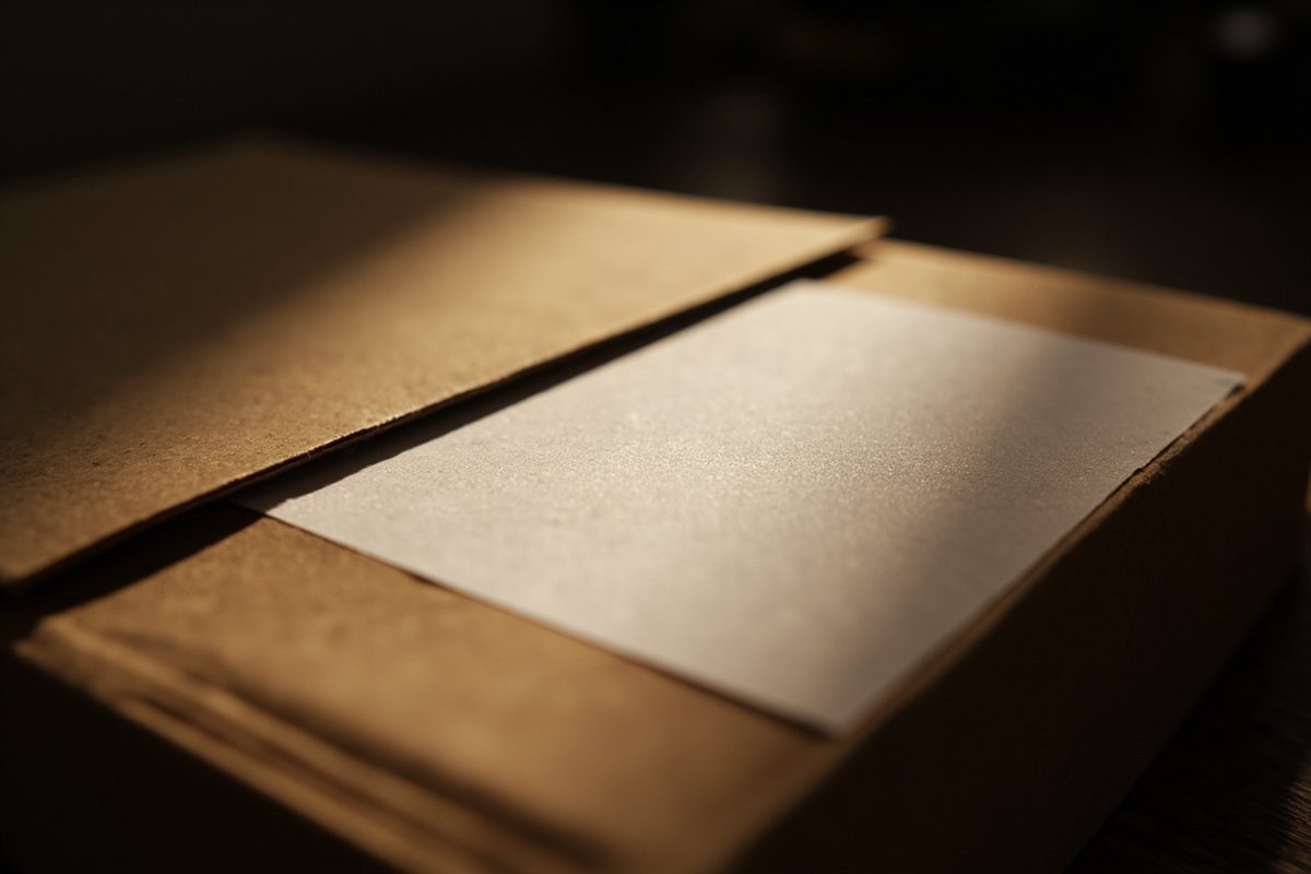 A blank rectangular printed panel on the flap of a plain cardboard box at a shallow angle.