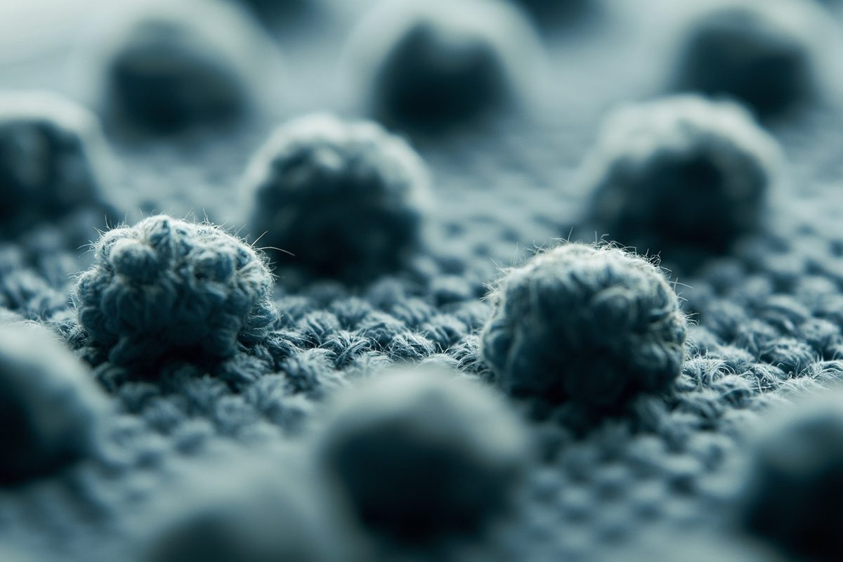 Extreme close-up of plain knitted fabric covered in small fibre bobbles under low-angle light.