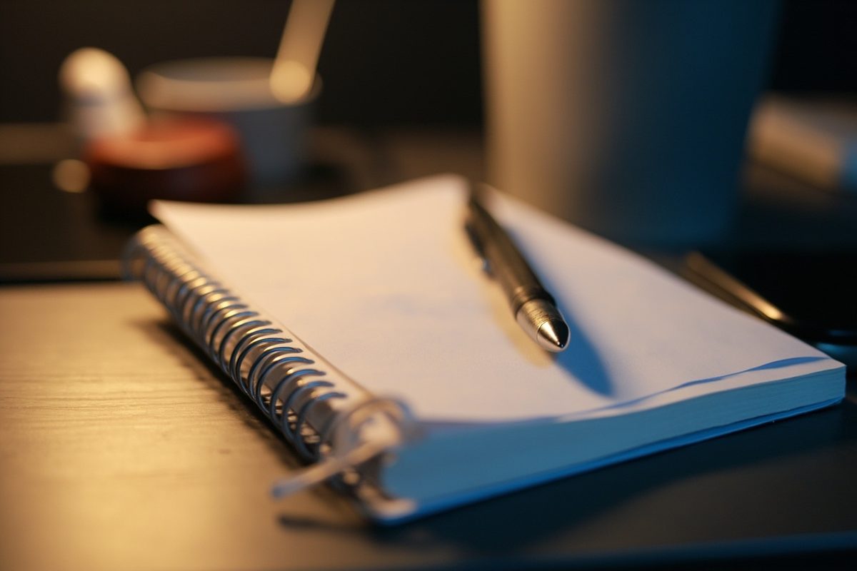 A notebook and pen on a desk beside a face-down phone and a blank grey figure blank.