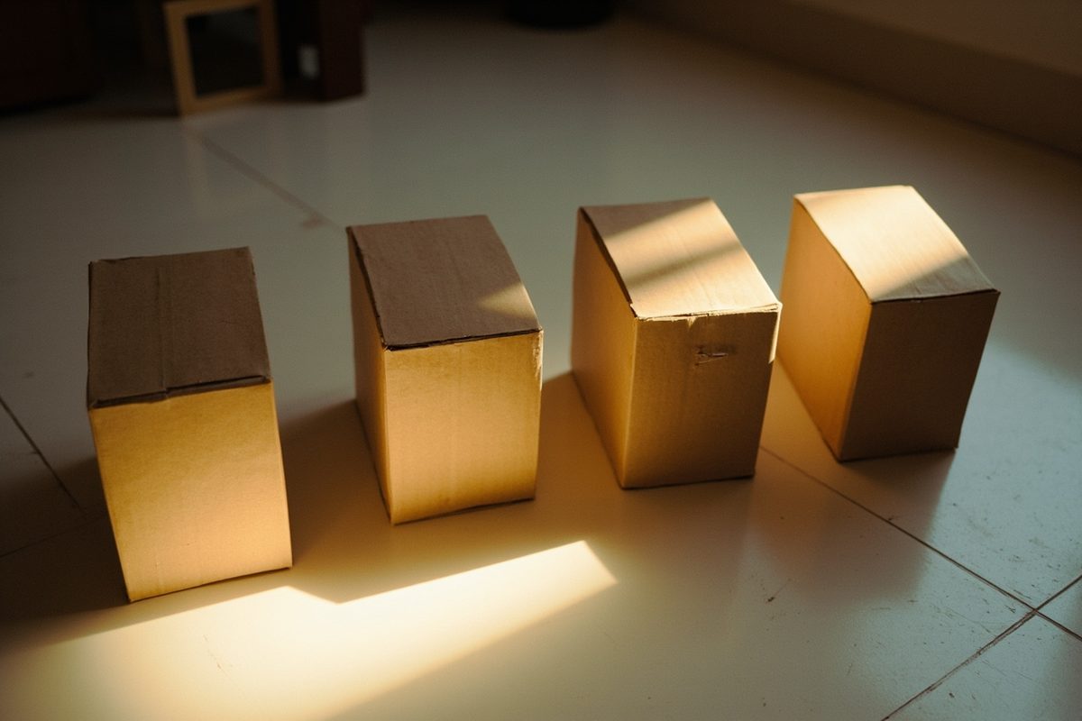 Four identical plain unprinted boxes in a row, one turned to show a blank end panel.