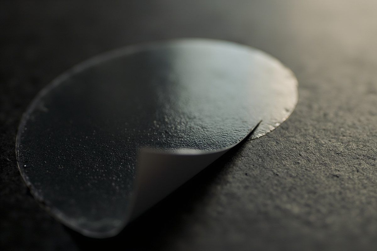 A plain blank foil sticker partly peeled from plain cardboard, the lifted edge catching the light.