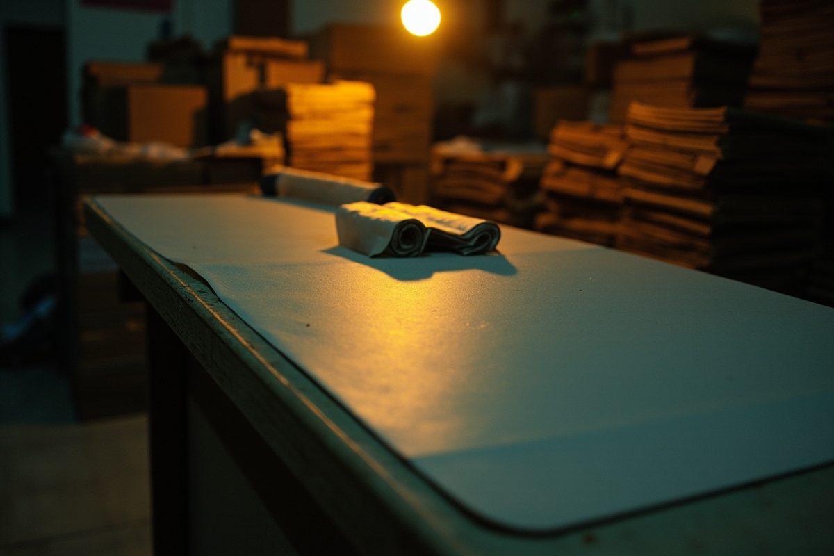 A packing counter under a warm lamp, with a roll of packing paper and stacks of flat cartons behind it.