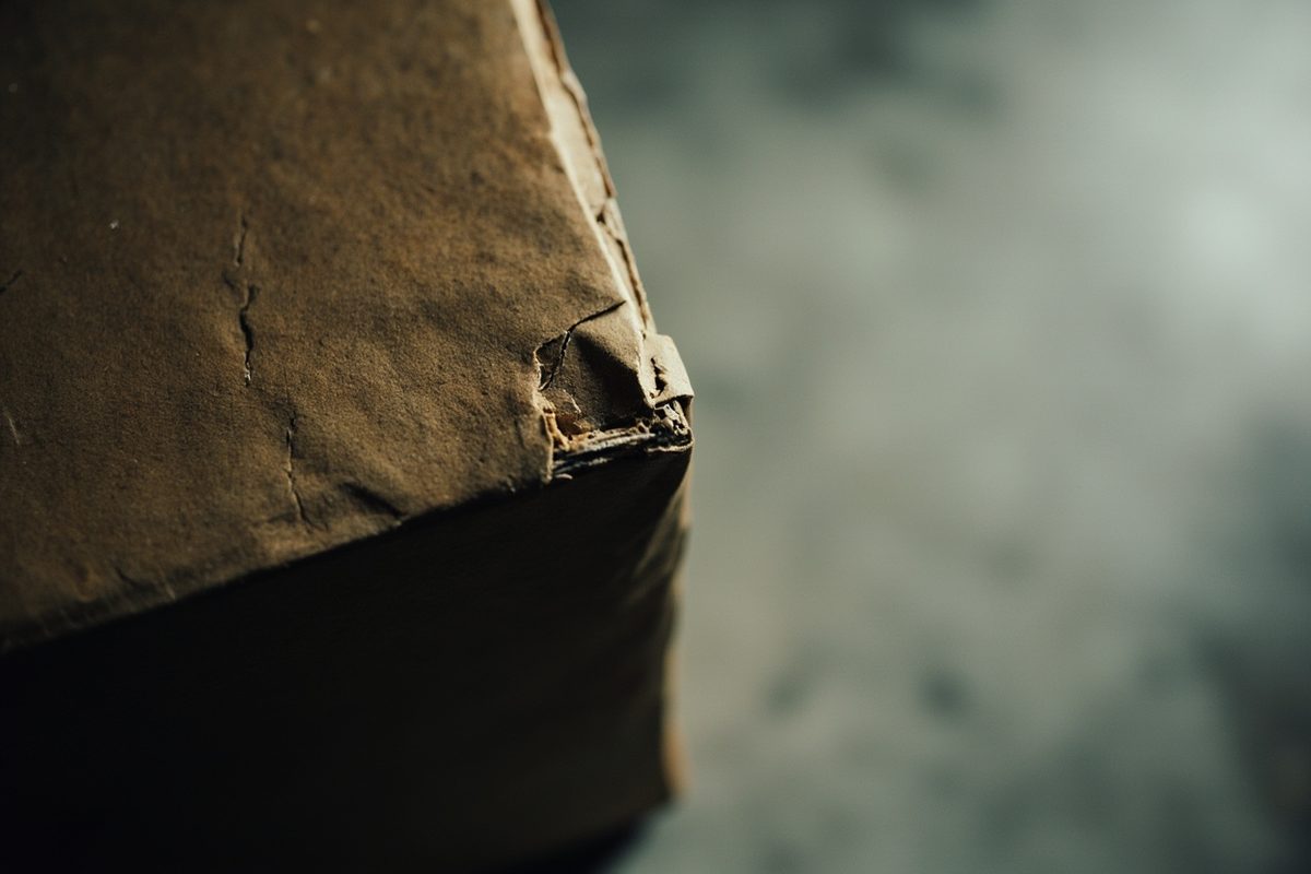 A plain cardboard box with a visibly crushed and scuffed corner sitting on a concrete floor.
