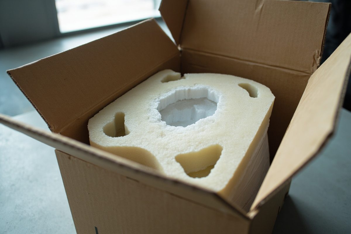 An open cardboard carton holding a thick moulded foam insert whose cut cavity keeps the contents clear of every wall.