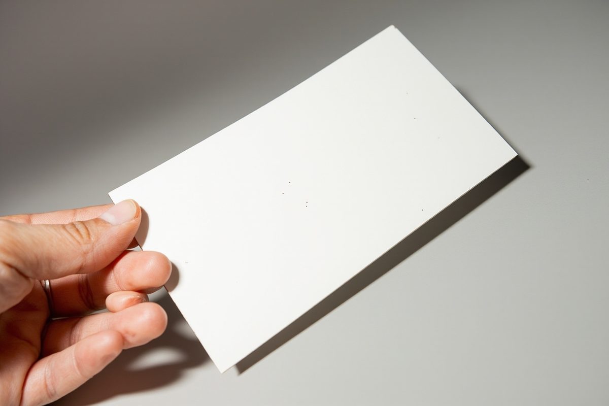 A blank white card held by one hand at a shallow angle to a lamp, the raking light skimming across its back.