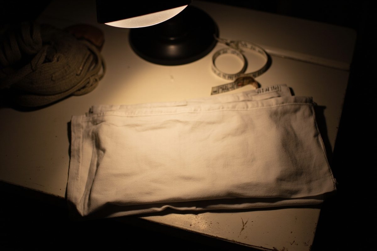 A plain folded garment, a canvas shoe and a tape measure laid out on a table under a desk lamp.