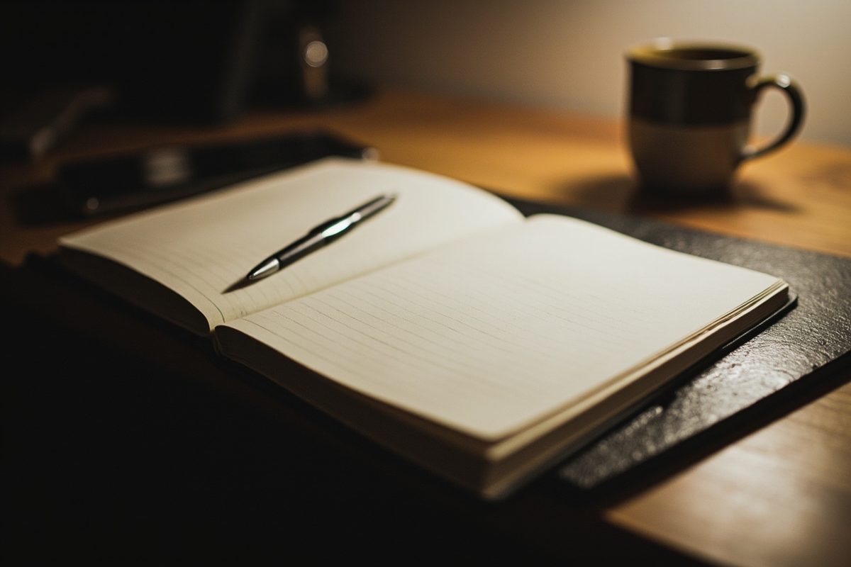 An open blank notebook with a pen resting in the fold on a desk beside a mug, under warm lamplight.